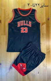 تصویر ست بسکتبال شیکاگو بولز پسرانه رنگ مشکی شماره 23 کیفیت +A تایلندی Chicago Bulls basketball uniform for boys, black color, number 23, Thai quality +A