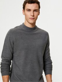 تصویر Basic Triko Kazak Slim Fit Dik Yaka Dokulu Uzun Kollu 