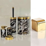 تصویر سرویس دستشویی شش پارچه مشکی طلایی بتیس مدل ماربل مشکی با جادستمال طلایی ارسال رایگان 