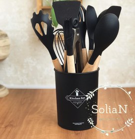 تصویر ست کفگیر ملاقه سلیکونی دسته بامبو 12تکه silicone kitchen set