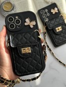 تصویر قاب موبایل آیفون مشکی بند زنجیری بلند بالشتی پروانه ای جاکارتی دار 