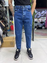 تصویر شلوار جین مام فیت ذغالی و آبی روشن 