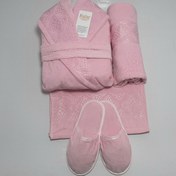 تصویر نیم ست اقتصادی حوله عروس و داماد صورتی LD05 