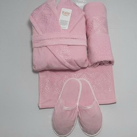 تصویر نیم ست اقتصادی حوله عروس و داماد صورتی LD05 