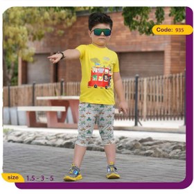 تصویر تیشرت شلوارک پسرانه طرح اتوبوس حیوانات کد 935 Boys' t-shirt with animal bus design 935