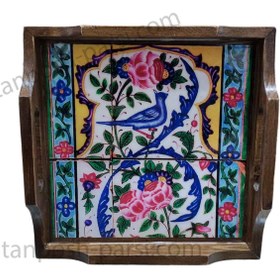 تصویر سینی چوبی مربع 30 در 30 سانت طرح گل و مرغ گلستان Square wooden tray 30 x 30 Flowers and chickens of Golestan design