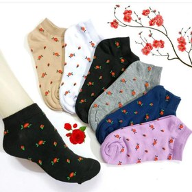 تصویر جوراب زنانه ی ساق کوتاه مدل قزل گول ( گل رز سرخ ) نخی بسته ی 6 جفتی Women Rose flower model socks (6 Pack)