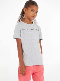 تصویر شلوار راحتی دخترانه 7/8 آلفا برند Tommy Hilfiger Kids' Essential Organic Cotton Logo T-Shirt, Grey