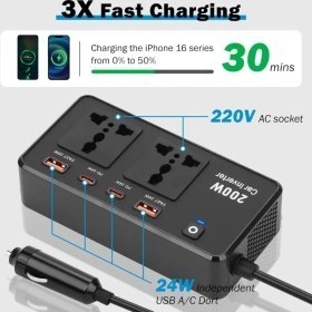 تصویر اینورتر فندکی خودرو گرین لاین مدل GC-200 توان 200 وات Greenline car cigarette lighter inverter GC-200 power 200W