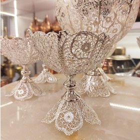 تصویر آجیل خوری مسی آبکاری نقره با ۶ کاسه کوچک 