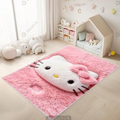 تصویر فرش اتاق کودک فانتزی طرح کیتی سه بعدی با زمینه پشمی صورتی DC-1512 
