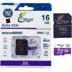 تصویر رم میکرو 16 گیگ ویکومن Vicco Extra U1 80MB/s + خشاب Vicco Extra U1 80MB/s 533X 16GB Memory