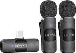 تصویر BOYA Dual Wireless Lavalier Lapel Microphone for Android Smartphone Laptop - Omnidirectional USB C Condenser Video Recording Mic for Interview Podcast Vlog YouTube Live Stream (TX+TX+RX) 