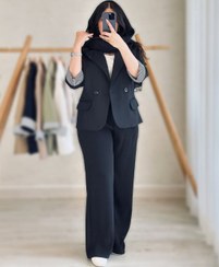 تصویر کت و شلوار کتان کشی فری سایز طوسی و مشکی 