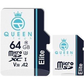 تصویر کارت حافظه Micro SD XC کوئین تک مدل A2-V30-433X کلاس 10 استاندارد UHS-l U3 سرعت 65MBps ظرفیت 64 گیگابایت به همراه آداپتور SD 