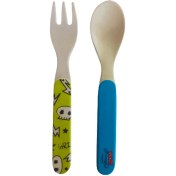 تصویر ست قاشق و چنگال کودک بامبو طرح زنبور صورتی 