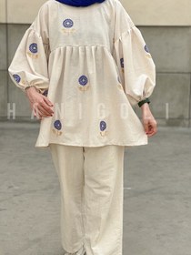 تصویر مانتو لینن مدل گل آبی حانی گلی 