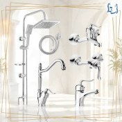 تصویر ست شیرآلات قاجاری سارینا - 6 عددی با علم دوش دوکاره رسوبگیر اتوماتیک / کروم Set-Ghajari