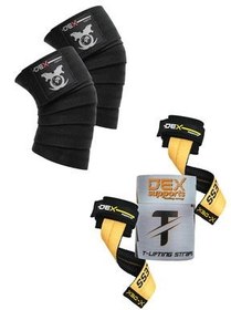 تصویر دستکش وزنه برداری قهوه‌ای بند تسمه های بالابر T Greps+زانو ورزشی بسته بندی زانو Bandaji 2 Dex Supports 