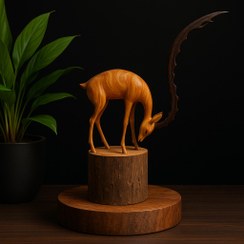 تصویر مجسمه چوبی مدل غزال سرخم 