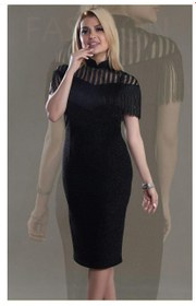 تصویر لباس مجلسی زنانه لمه تک مشکی سر شانه ریش دار 