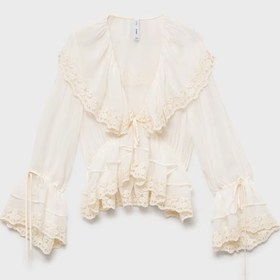 تصویر شومیز چین دار دانتل زنانه منگو MANGO Blouse with ruffle and lace details 