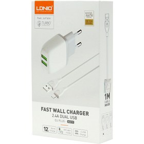 تصویر شارژر دیواری فست شارژ LDNIO A2219 2.4A 12W + کابل میکرو یو اس بی ا LDNIO A2219 2Port 2.4A 12W Fast Wall Charger With Micro USB Cable LDNIO A2219 2Port 2.4A 12W Fast Wall Charger With Micro USB Cable