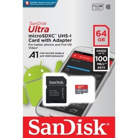 تصویر رم میکرو ۶۴ گیگ سن دیسک SanDisk Ultra U1 A1 100MB/s + خشاب 