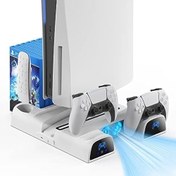 تصویر پایه Skade PS5 با 2 فن خنک کننده، دو ایستگاه شارژ کنترلر PS5 سریع با فضای ذخیره سازی بازی، PS5 Cooling Station لوازم جانبی PS5 پایه عمودی برای Sony Playstation 5 Disc & Digital Editions 