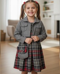 تصویر لباس مجلسی دخترانه شیک جنس کشمیر با نیم‌کُت و کیف - سایز 