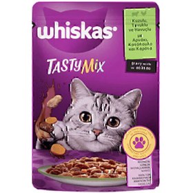 تصویر پوچ گربه ویسکاس با طعم میکس بره و مرغ در سس Whiskas Tasty Mix With Lamb &amp; Chicken in Gravy وزن 85 گرم 