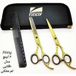 تصویر ست قیچی آرایشگری فینی ۶ اینچ طلایی تم مشکی 