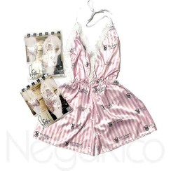 تصویر لباس خواب ساتن طرح ویکتوریا سکرت سفید صورتی 