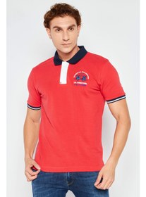 تصویر پ polo shirt مردانه با آستین کوتاه و فیت اسلیم، با لوگوی گلدوزی شده، ترکیب رنگ قرمز برند la martina Men Slim Fit Short Sleeve Embroidered Logo Polo Shirt, Red Combo