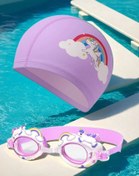 تصویر ست کلاه و عینک شنا وارداتی طرح یونیکورن ،بنفش،خوشگل و با کیفیت مناسب ۲تا۶سال 