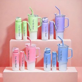 تصویر قمقمه ۳ قلو دسته دار رنگ پاستیلی مدل Tau Pei Bear Tau Pei Bear Cross-border 40oz car cup gradient color water cup portable handheld plastic cup high-value straw cup three-piece kettle