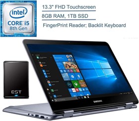 تصویر 2020 نوت بوک سامسونگ 7 Spin 2-in-1 13.3 &quot;کامپیوتر لپ تاپ لمسی FHD ، 8th Gen Intel Quad-Core i5-8250U حداکثر 3.4 گیگاهرتز ، 8 گیگابایت رم ، 1TB SSD ، اثر انگشت ، ویندوز 10 EST 500 گیگابایت سخت درایو خارجی 
