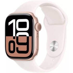 تصویر اپل واچ سری10 با گارانتی سایز 42 رنگ زرگلد با بند سیلیکون Apple Watch Series 10 Aluminum