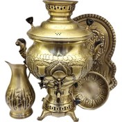 تصویر سماور گازی شاهکار قلم دست ظرفیت ۸ لیتر با سرویس برنجی آنتیک 