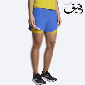 تصویر شلوارک ورزشی زنانه کشاله دار بروکس Brooks Chaser 5″ 2-in-1 Short آبی BROOKS WOMEN RUN WITHIN