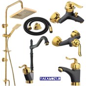 تصویر ست کامل شیرآلات قاجاری مشکی طلایی ۶ تکه با علم دوش و شیلنگ توالت 