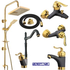 تصویر ست کامل شیرآلات قاجاری مشکی طلایی ۶ تکه با علم دوش و شیلنگ توالت 