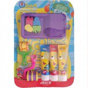 تصویر بسته رنگ انگشتی 3 رنگ تیوپی (2 عدد غلطک،1 سینی،4 عدد مهر) (رنگ زرد،آبی،قرمز) کد 7020 آریا 