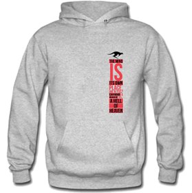 تصویر هودی طوسی با کیفیت و تنخور عالی | با طرح خفن تایپوگرافی انگلیسی | کانگورومارکت "High-quality gray hoodie with an excellent fit | Featuring a cool English typography design | KangoroMarket"