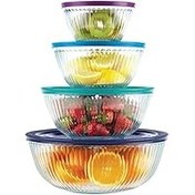 تصویر مجموعه کاسه های مخلوط شیشه Pyrex 8 پارچه 100 ساله (نسخه محدود) - درب های رنگی متنوع Pyrex 8-piece 100 Years Glass Mixing Bowl Set (Limited Edition) - Assorted Colors Lids