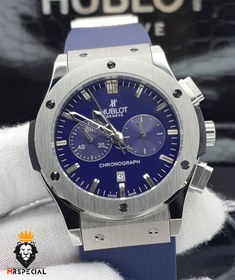 تصویر ساعت مردانه هابلوت کرنوگراف آبی قاب نقره‌ای بند رابر هابلوت ( Hublot )