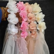 تصویر تاج تور دار جشن تکلیف تور دار تل حلقه گل حریر تور دار با آویز مروارید 