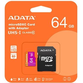 تصویر کارت حافظه microSDXC ای دیتا مدل Premier کلاس 10 استاندارد UHS-I سرعت 80MB/s ظرفیت 64GB ADATA 64GB Class 10 80MB/s 10MB/s