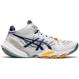 تصویر کتونی تخصصی والیبال اسیکس متارایز سفید آبی زرد Asics Metarise White Blue Yellow 