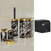تصویر سرویس دستشویی شش پارچه مشکی طلایی بتیس مدل ماربل مشکی با جادستمال مشکی ارسال رایگان 